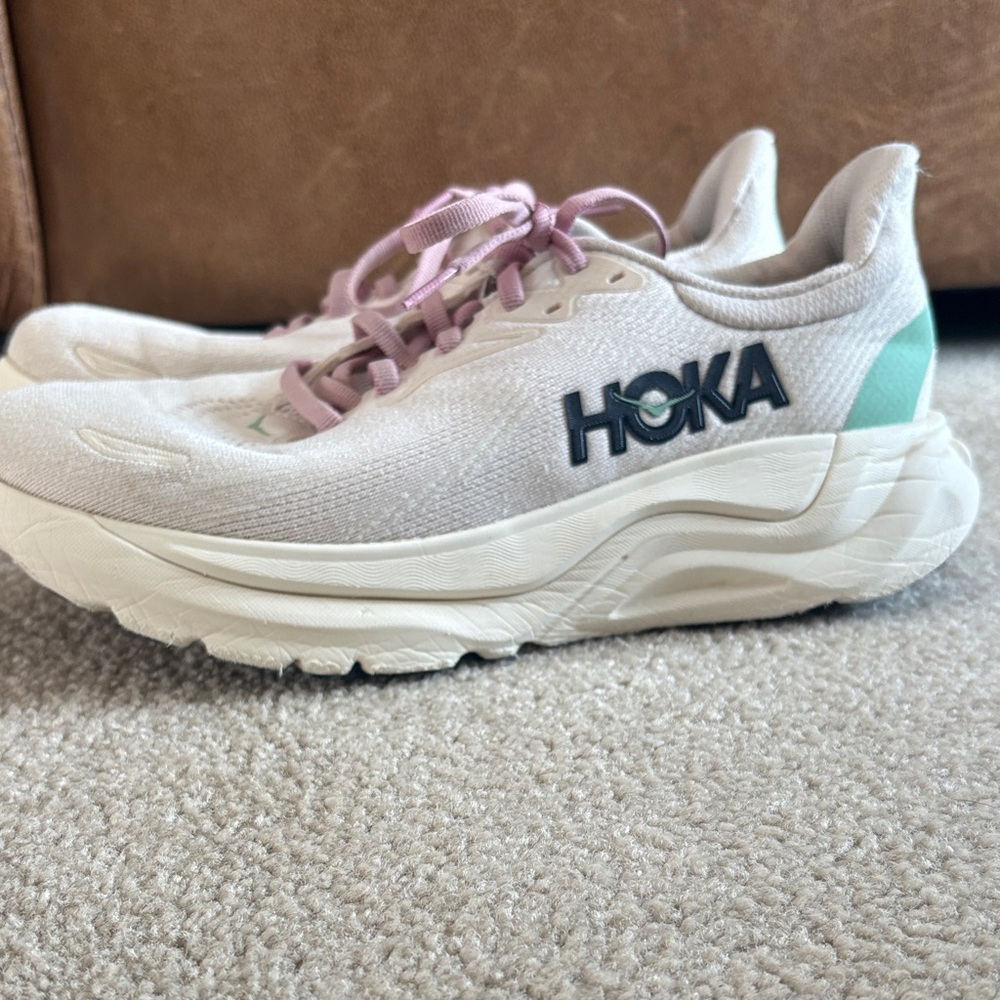 Hoka Women's Cream Running Shoes with Pink Laces and Mint Accents - Picture 2 of 5